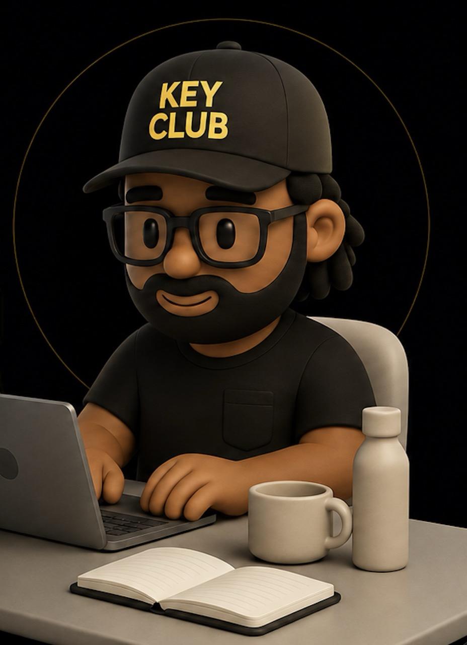 Key Club 3D mascot character wearing a KEY CLUB cap, sitting at a desk with a laptop